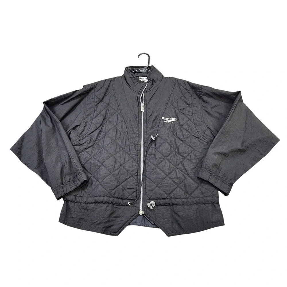 Reebok Jacket Mens Medium Quilted Full Zip Black Cinch Waist Vintage EUC